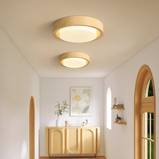 Contemporary Nordic Round Wood Iron Glass LED Flush Mount Ceiling Light For Hallways