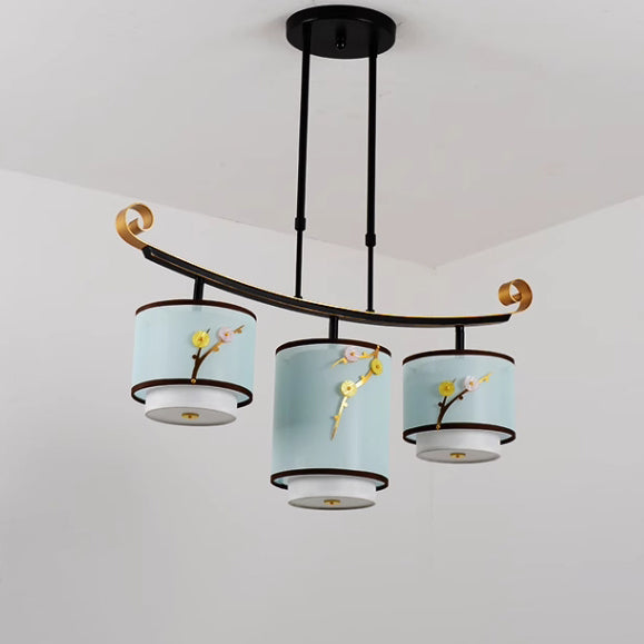 Traditional Chinese Cylinder Pattern Fabric Lampshade Iron 3/4 - Light Chandelier For Dining Room
