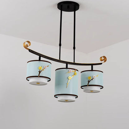Traditional Chinese Cylinder Pattern Fabric Lampshade Iron 3/4 - Light Chandelier For Dining Room