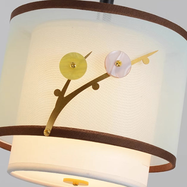 Traditional Chinese Cylinder Pattern Fabric Lampshade Iron 3/4 - Light Chandelier For Dining Room
