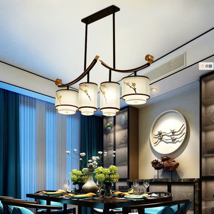 Traditional Chinese Cylinder Pattern Fabric Lampshade Iron 3/4 - Light Chandelier For Dining Room