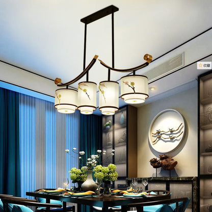 Traditional Chinese Cylinder Pattern Fabric Lampshade Iron 3/4 - Light Chandelier For Dining Room