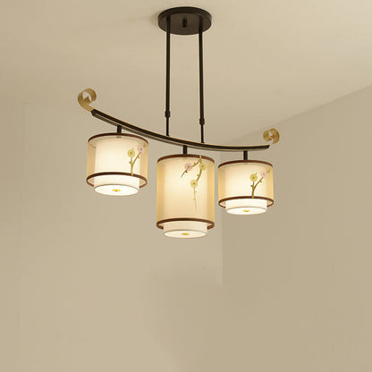 Traditional Chinese Cylinder Pattern Fabric Lampshade Iron 3/4 - Light Chandelier For Dining Room