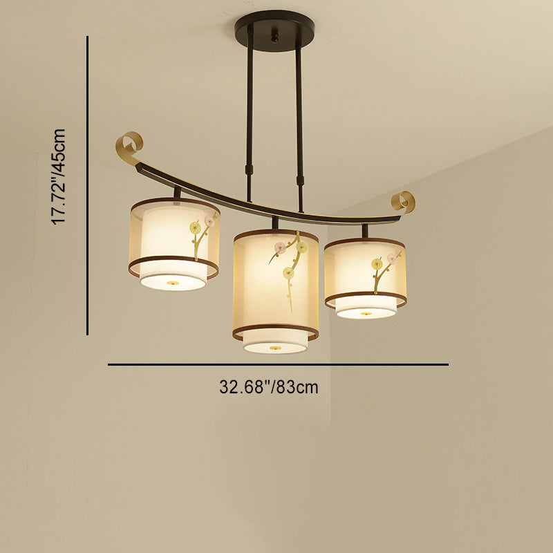 Traditional Chinese Cylinder Pattern Fabric Lampshade Iron 3/4 - Light Chandelier For Dining Room