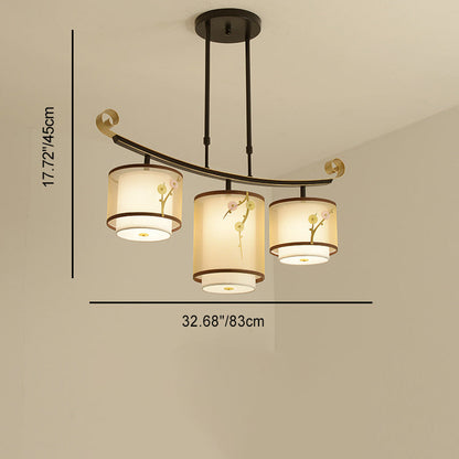 Traditional Chinese Cylinder Pattern Fabric Lampshade Iron 3/4 - Light Chandelier For Dining Room
