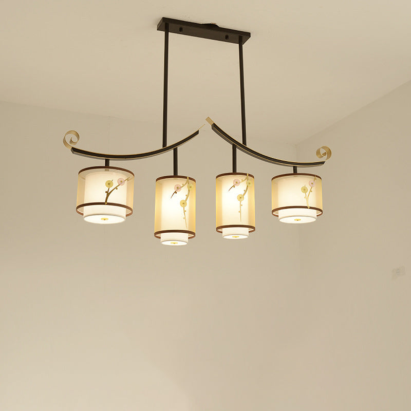 Traditional Chinese Cylinder Pattern Fabric Lampshade Iron 3/4 - Light Chandelier For Dining Room