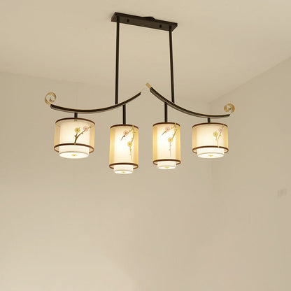 Traditional Chinese Cylinder Pattern Fabric Lampshade Iron 3/4 - Light Chandelier For Dining Room