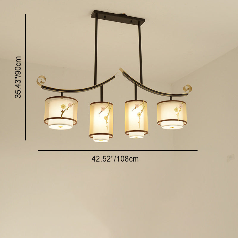 Traditional Chinese Cylinder Pattern Fabric Lampshade Iron 3/4 - Light Chandelier For Dining Room