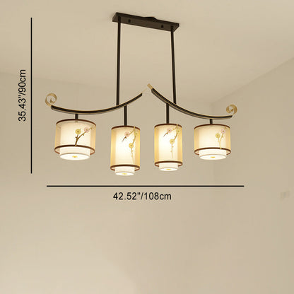 Traditional Chinese Cylinder Pattern Fabric Lampshade Iron 3/4 - Light Chandelier For Dining Room