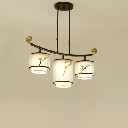 Traditional Chinese Cylinder Pattern Fabric Lampshade Iron 3/4 - Light Chandelier For Dining Room