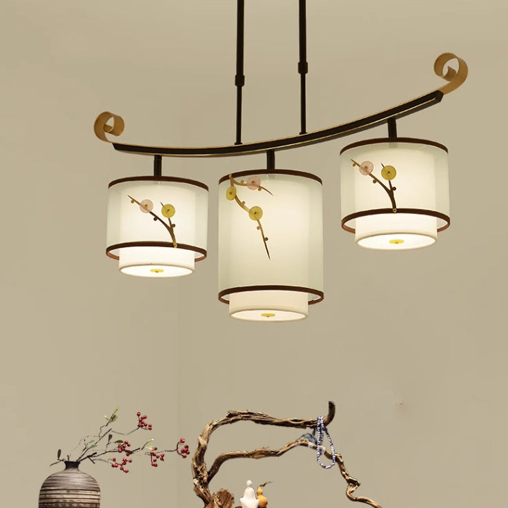 Traditional Chinese Cylinder Pattern Fabric Lampshade Iron 3/4 - Light Chandelier For Dining Room