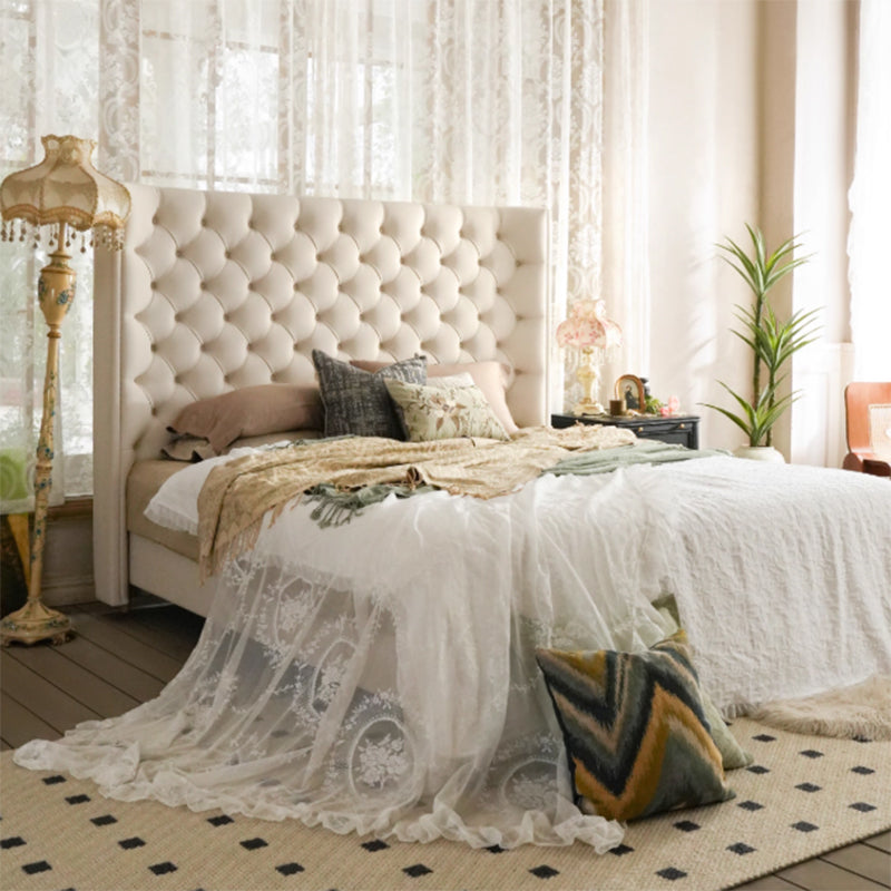 Eco-Friendly Microfiber Leather Tufted Beige Bed Frame - French Style Sustainable Customizable And Stylish For Your Bedroom