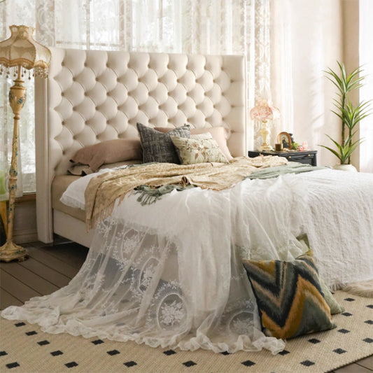 Eco-Friendly Microfiber Leather Tufted Beige Bed Frame - French Style Sustainable Customizable And Stylish For Your Bedroom