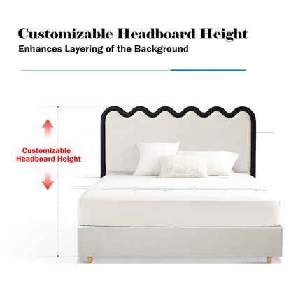 Wavy Paint-Free Solid Wood Bed Frame - Beige Linen French Design For Your Bedroom