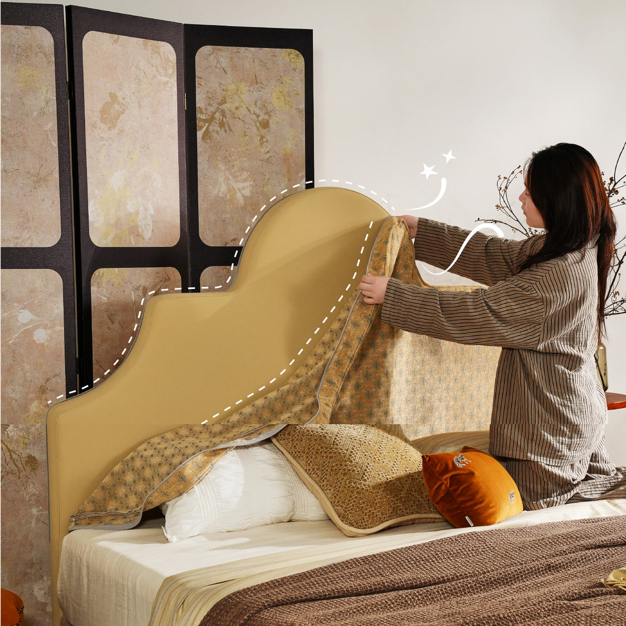 Detachable Dual-Tone Leather & Fabric Covers - Elegant French Curved Headboard Bed Frame For Your Bedroom