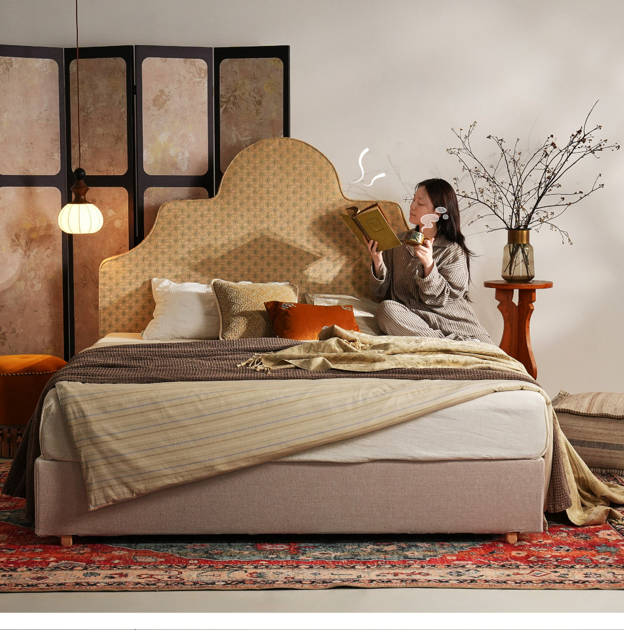 Detachable Dual-Tone Leather & Fabric Covers - Elegant French Curved Headboard Bed Frame For Your Bedroom