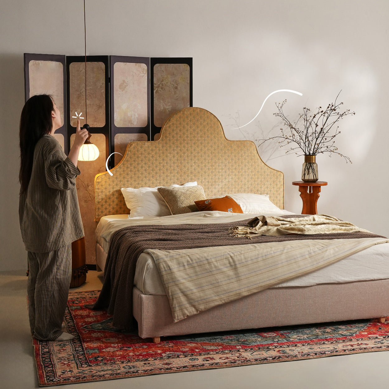 Detachable Dual-Tone Leather & Fabric Covers - Elegant French Curved Headboard Bed Frame For Your Bedroom