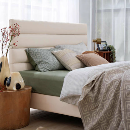 Elegant Pearl Microfiber Leather Upholstered Headboard Bed Frame - Luxury Refined Smooth Edges Bed For Your Bedroom