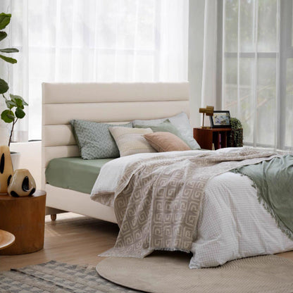 Elegant Pearl Microfiber Leather Upholstered Headboard Bed Frame - Luxury Refined Smooth Edges Bed For Your Bedroom