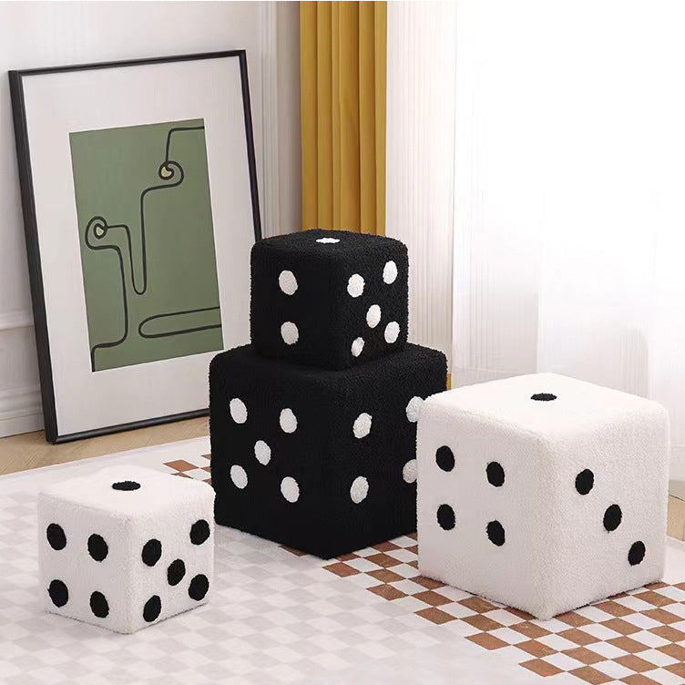 Contemporary Creative Sherpa Fleece & Solid Wood Cube Dice-Shaped Low Stool With Non-Slip Pads For Bedroom & Living Room