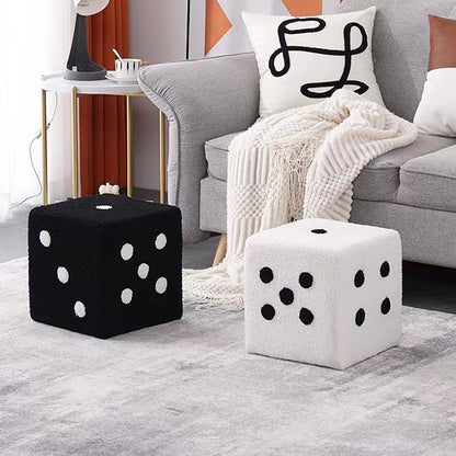 Contemporary Creative Sherpa Fleece & Solid Wood Cube Dice-Shaped Low Stool With Non-Slip Pads For Bedroom & Living Room