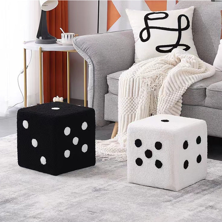 Contemporary Creative Sherpa Fleece & Solid Wood Cube Dice-Shaped Low Stool With Non-Slip Pads For Bedroom & Living Room
