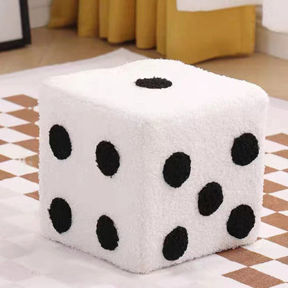 Contemporary Creative Sherpa Fleece & Solid Wood Cube Dice-Shaped Low Stool With Non-Slip Pads For Bedroom & Living Room