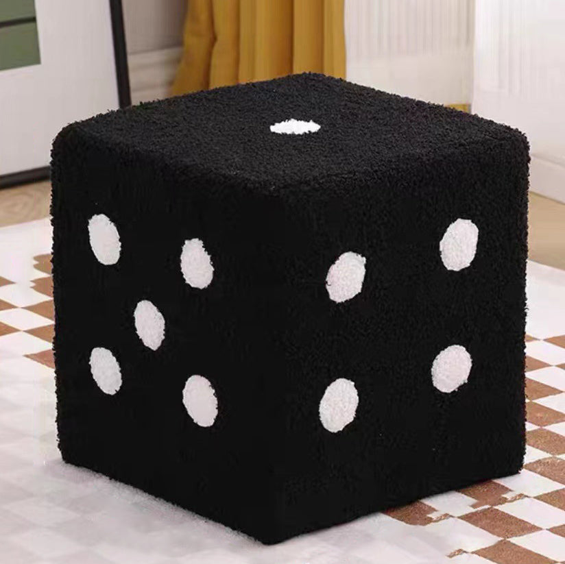 Contemporary Creative Sherpa Fleece & Solid Wood Cube Dice-Shaped Low Stool With Non-Slip Pads For Bedroom & Living Room