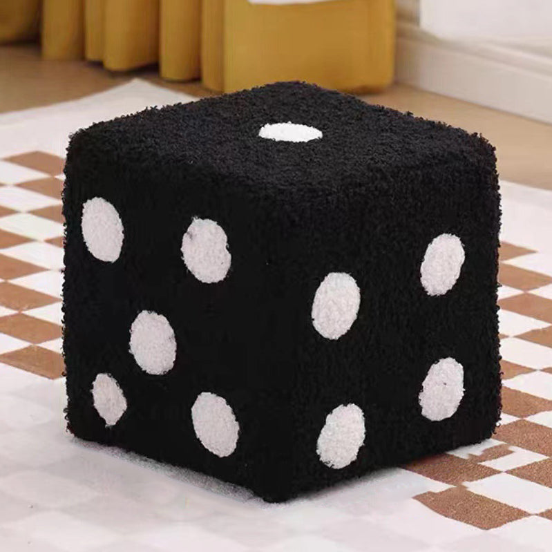 Contemporary Creative Sherpa Fleece & Solid Wood Cube Dice-Shaped Low Stool With Non-Slip Pads For Bedroom & Living Room