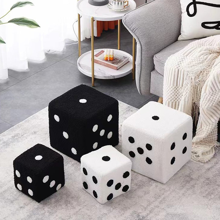 Contemporary Creative Sherpa Fleece & Solid Wood Cube Dice-Shaped Low Stool With Non-Slip Pads For Bedroom & Living Room