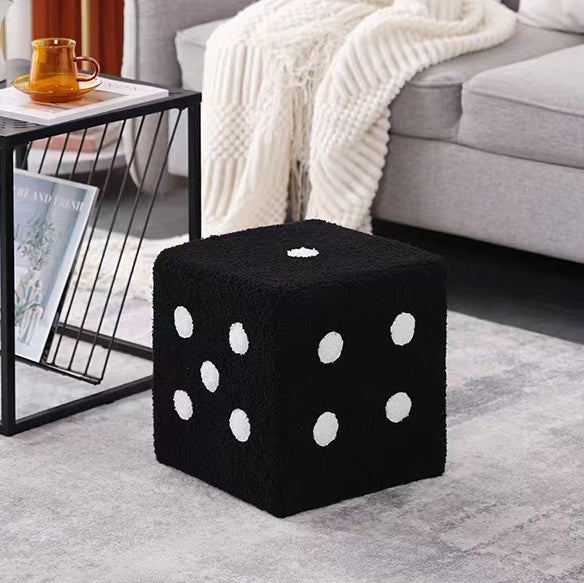 Contemporary Creative Sherpa Fleece & Solid Wood Cube Dice-Shaped Low Stool With Non-Slip Pads For Bedroom & Living Room