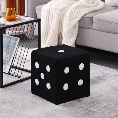 Contemporary Creative Sherpa Fleece & Solid Wood Cube Dice-Shaped Low Stool With Non-Slip Pads For Bedroom & Living Room