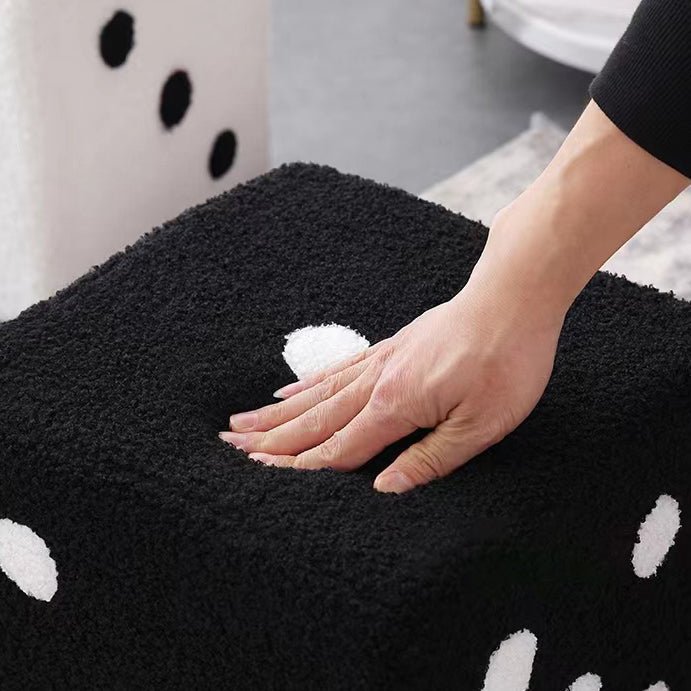 Contemporary Creative Sherpa Fleece & Solid Wood Cube Dice-Shaped Low Stool With Non-Slip Pads For Bedroom & Living Room