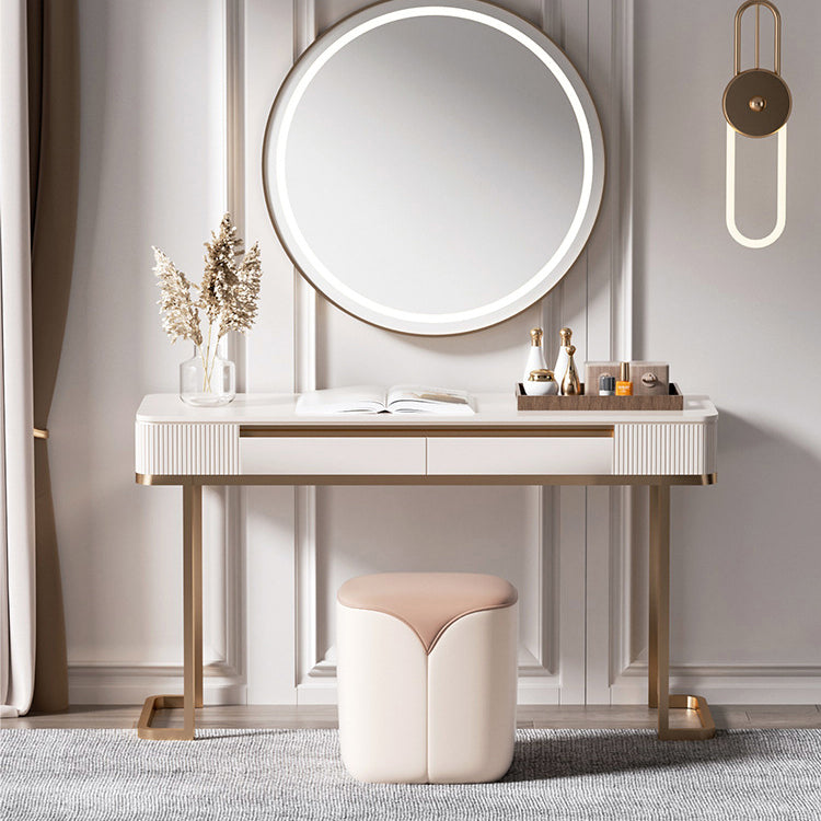 Modern Minimalist PU Leather & Solid Wood Rounded Rectangle Vanity Stool For Bedroom & Living Room
