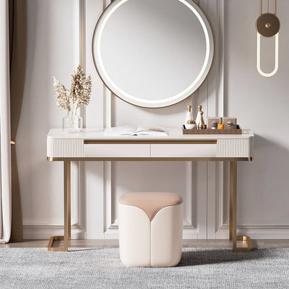 Modern Minimalist PU Leather & Solid Wood Rounded Rectangle Vanity Stool For Bedroom & Living Room