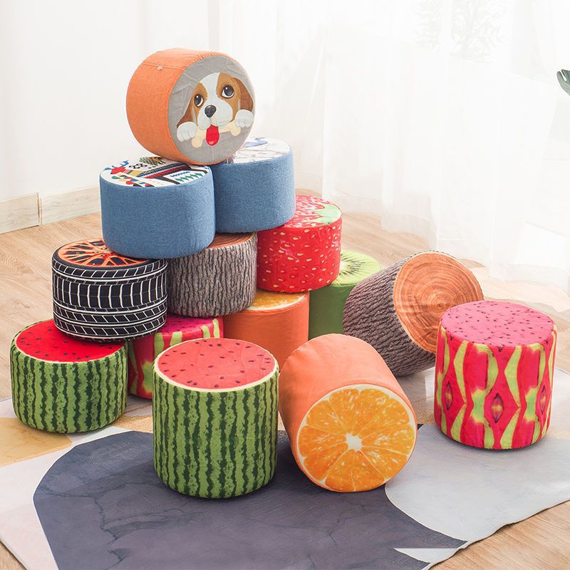 Contemporary Creative Fabric & Solid Wood Cylindrical Fruit-Themed Low Stool With Removable Cover For Bedroom & Living Room