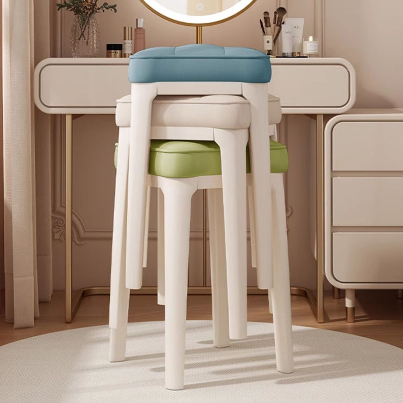 Modern Minimalist PU Leather & Metal Square Padded Vanity Stool For Bedroom