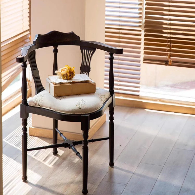 Modern Mid-Century Solid Wood & Patterned Fabric Square Cushion Dining Chair With Curved Backrest For Dining Room & Living Room