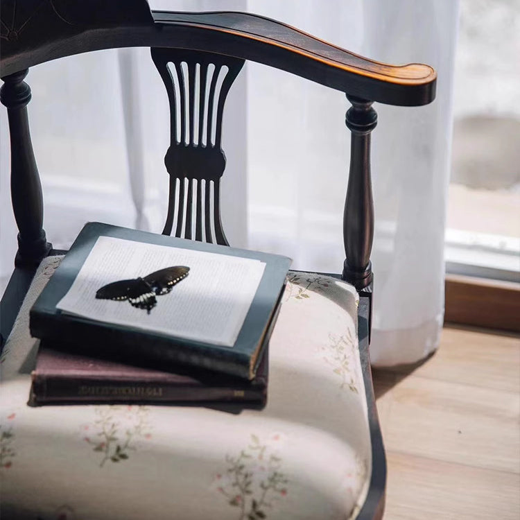 Modern Mid-Century Solid Wood & Patterned Fabric Square Cushion Dining Chair With Curved Backrest For Dining Room & Living Room