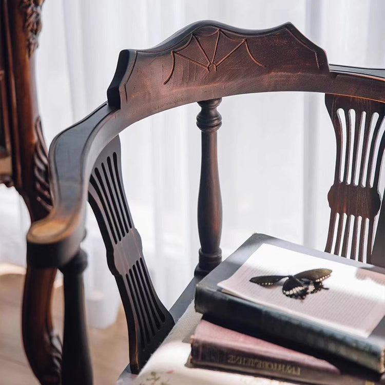 Modern Mid-Century Solid Wood & Patterned Fabric Square Cushion Dining Chair With Curved Backrest For Dining Room & Living Room