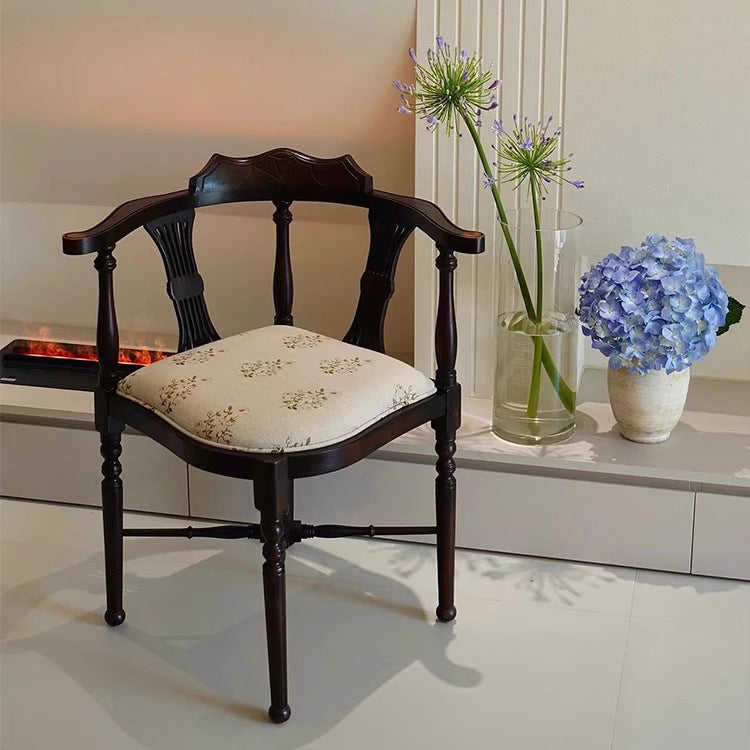 Modern Mid-Century Solid Wood & Patterned Fabric Square Cushion Dining Chair With Curved Backrest For Dining Room & Living Room