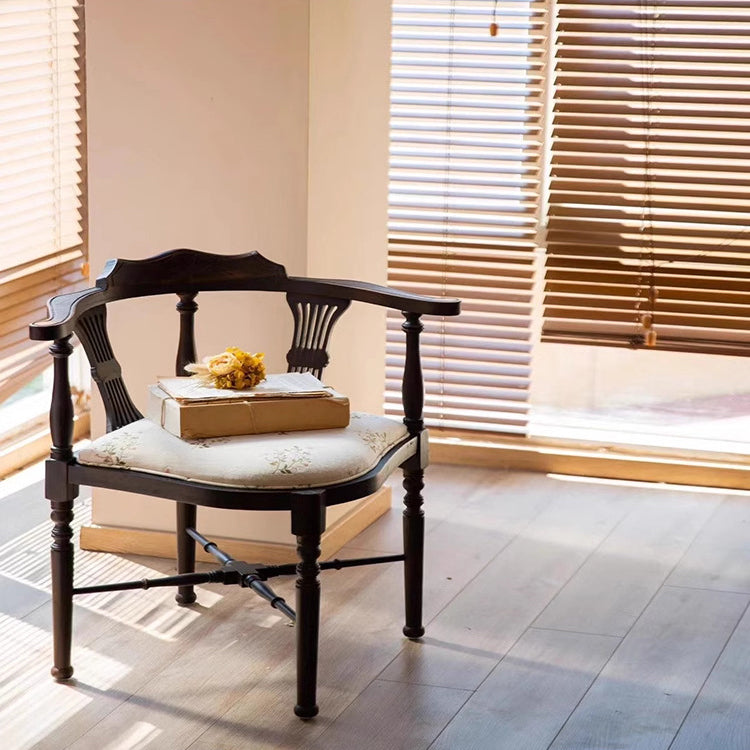 Modern Mid-Century Solid Wood & Patterned Fabric Square Cushion Dining Chair With Curved Backrest For Dining Room & Living Room