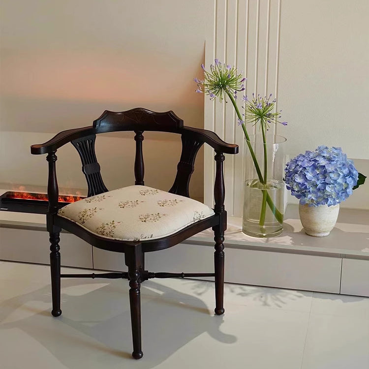 Modern Mid-Century Solid Wood & Patterned Fabric Square Cushion Dining Chair With Curved Backrest For Dining Room & Living Room