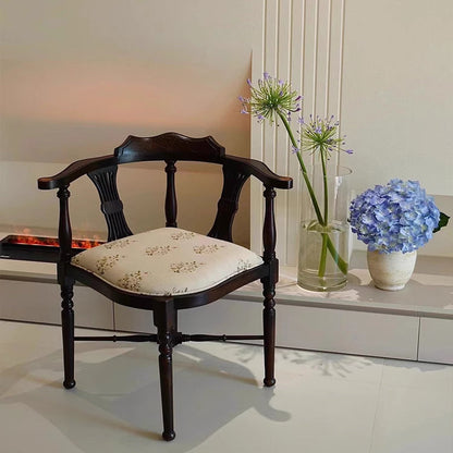 Modern Mid-Century Solid Wood & Patterned Fabric Square Cushion Dining Chair With Curved Backrest For Dining Room & Living Room