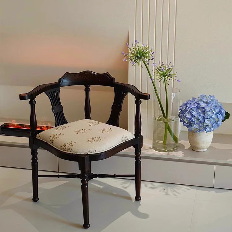 Modern Mid-Century Solid Wood & Patterned Fabric Square Cushion Dining Chair With Curved Backrest For Dining Room & Living Room