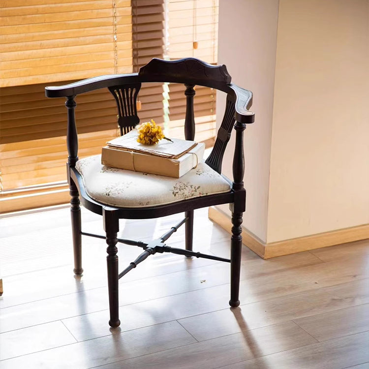 Modern Mid-Century Solid Wood & Patterned Fabric Square Cushion Dining Chair With Curved Backrest For Dining Room & Living Room