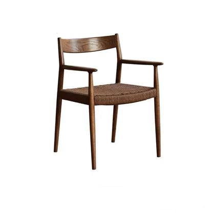 Contemporary Nordic Wood & Rope Square Dining Chair With Armrest & Backrest For Dining Room