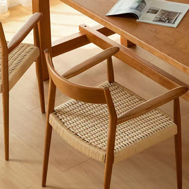 Contemporary Nordic Wood & Rope Square Dining Chair With Armrest & Backrest For Dining Room