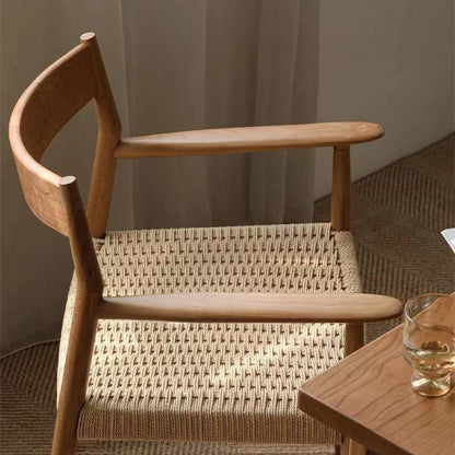 Contemporary Nordic Wood & Rope Square Dining Chair With Armrest & Backrest For Dining Room