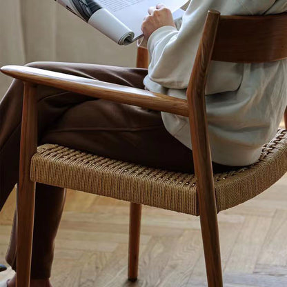 Contemporary Nordic Wood & Rope Square Dining Chair With Armrest & Backrest For Dining Room